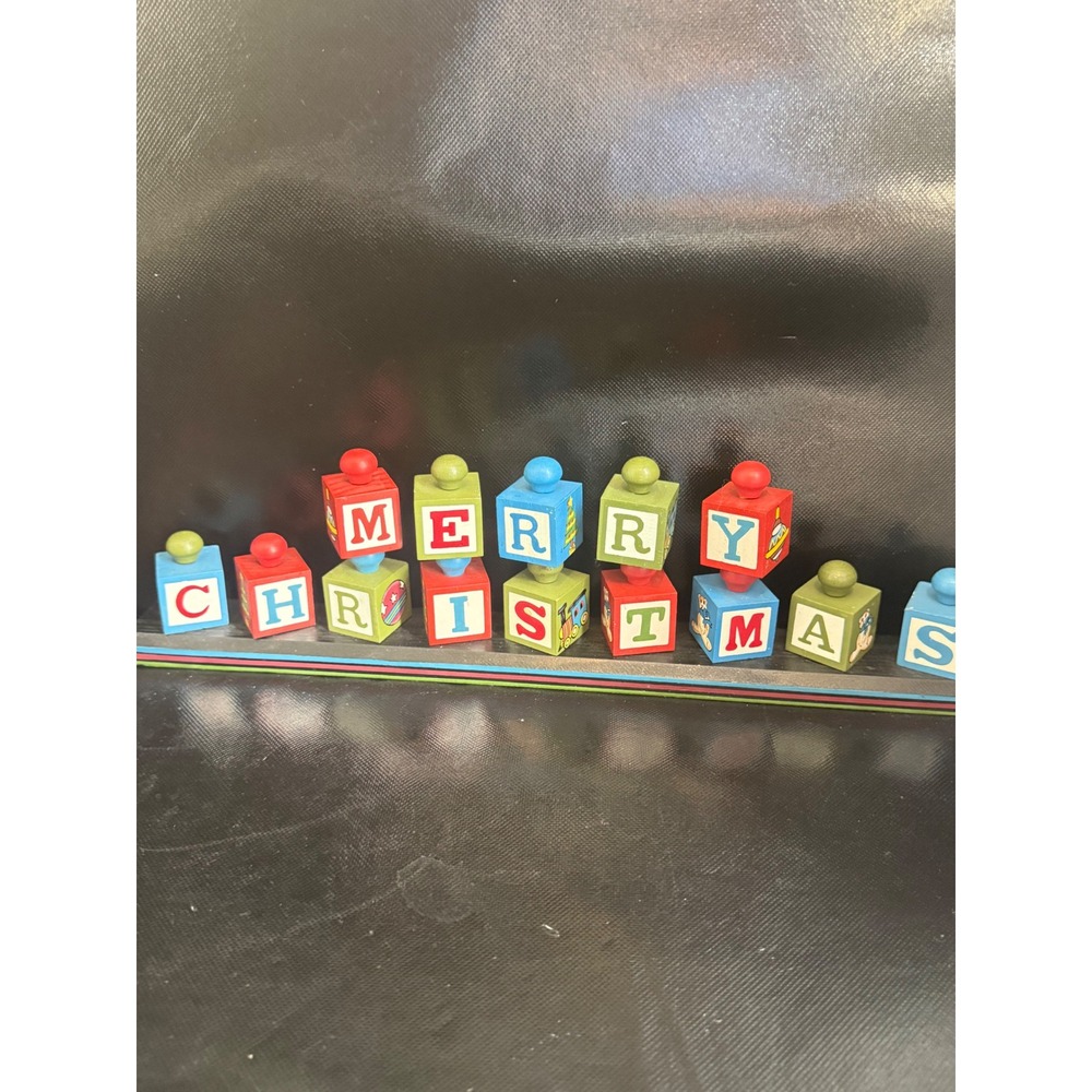 Vintage Wooden Merry Christmas Block Sign Tabletop Holiday Decor Red Green Blue